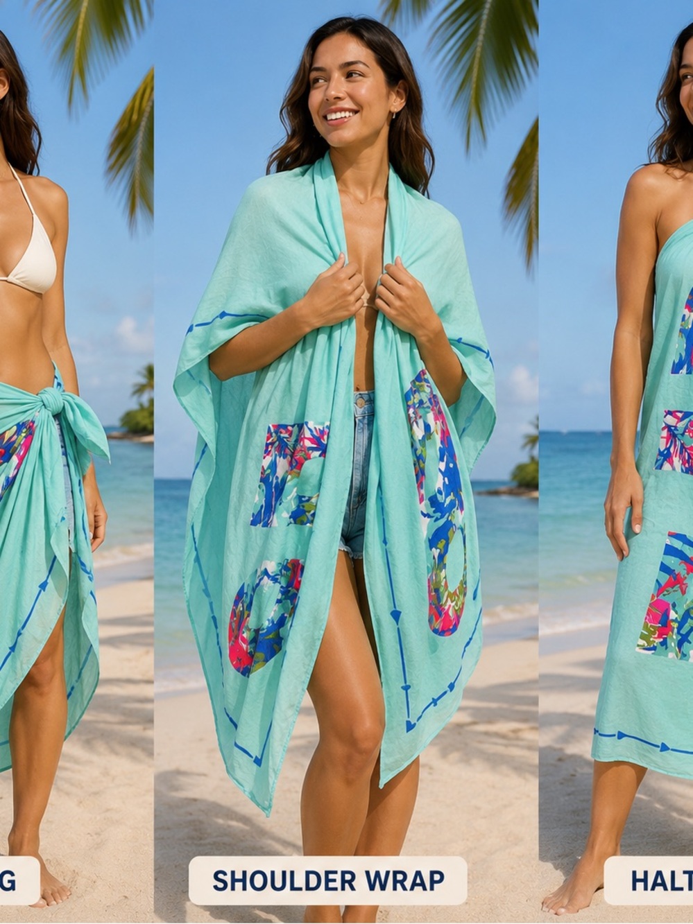 Aqua Beach Wrap with Vibrant Tropical “BLISS” Saying